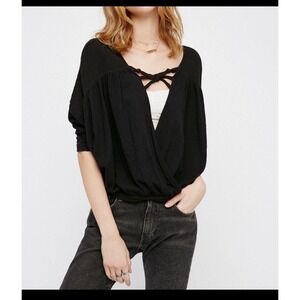 Free People Surplice Wrap Double Knot Black Top Medium